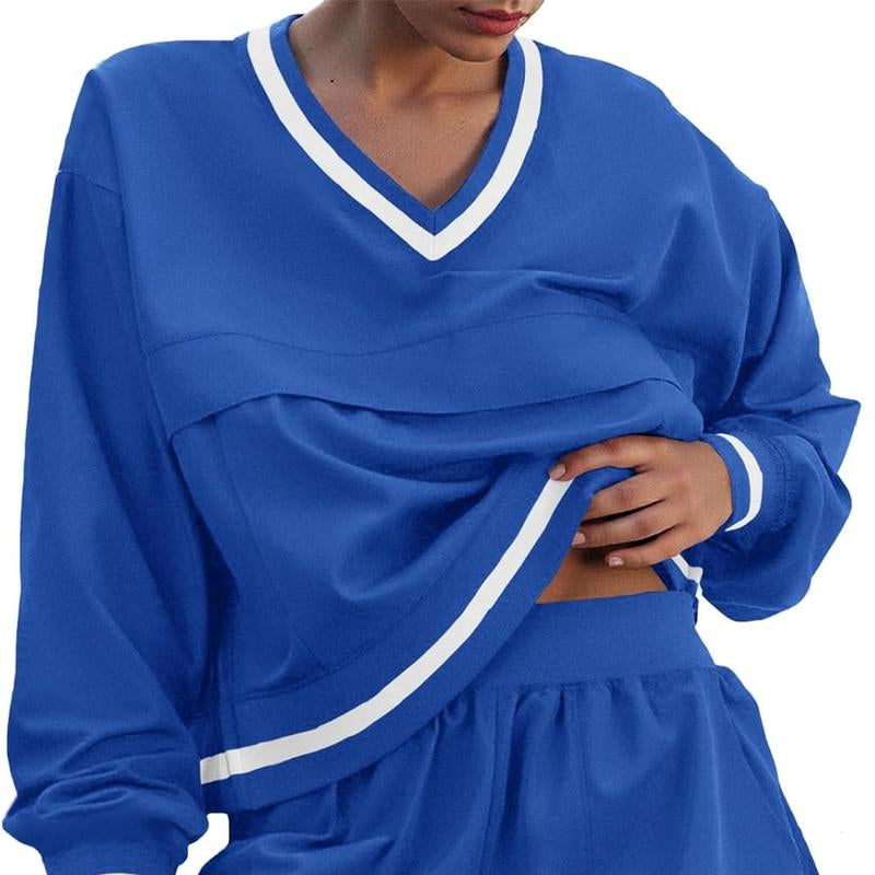 Fisoew Womens 2 Piece Outfits Long Sleeve V Neck Sweatshirt High Waist Running Shorts Sets Loose Fall Workout Tracksuits Outdoor Sports Fabrics Athleisure Set Outfit