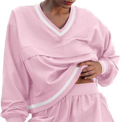 Fisoew Womens 2 Piece Outfits Long Sleeve V Neck Sweatshirt High Waist Running Shorts Sets Loose Fall Workout Tracksuits Outdoor Sports Fabrics Athleisure Set Outfit