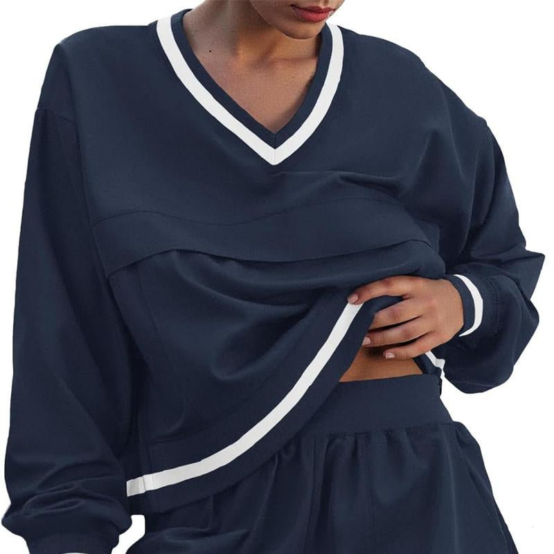 Fisoew Womens 2 Piece Outfits Long Sleeve V Neck Sweatshirt High Waist Running Shorts Sets Loose Fall Workout Tracksuits Outdoor Sports Fabrics Athleisure Set Outfit