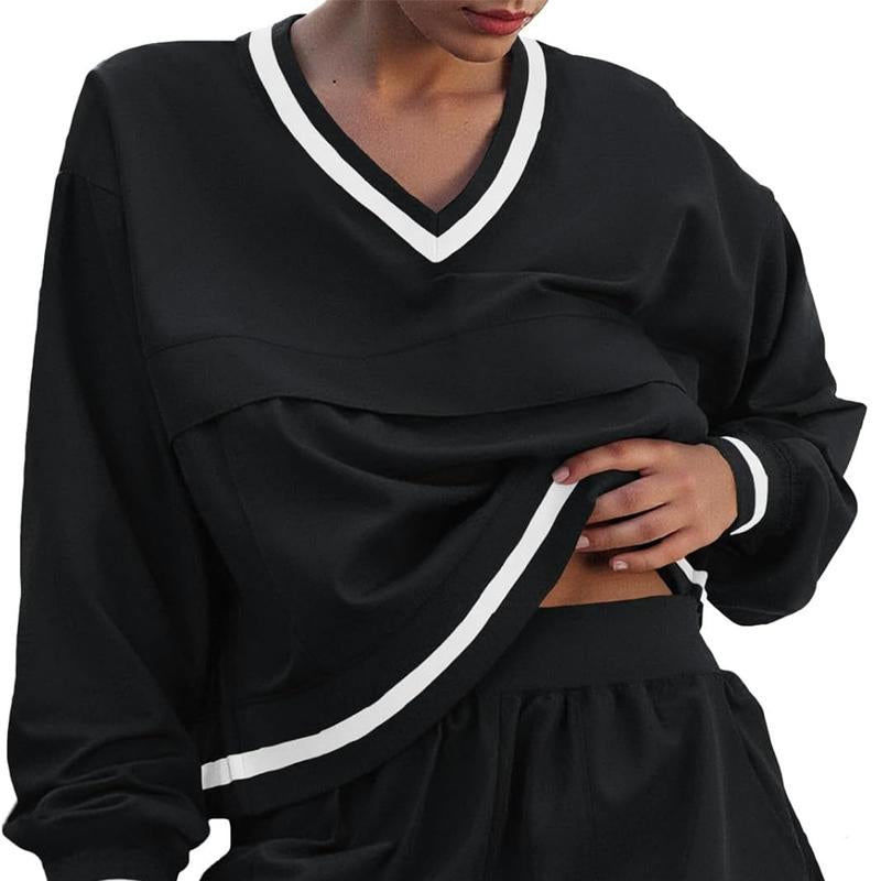 Fisoew Womens 2 Piece Outfits Long Sleeve V Neck Sweatshirt High Waist Running Shorts Sets Loose Fall Workout Tracksuits Outdoor Sports Fabrics Athleisure Set Outfit