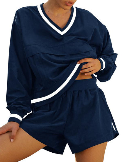 Fisoew Womens 2 Piece Outfits Long Sleeve V Neck Sweatshirt High Waist Running Shorts Sets Loose Fall Workout Tracksuits Outdoor Sports Fabrics Athleisure Set Outfit