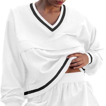 Fisoew Womens 2 Piece Outfits Long Sleeve V Neck Sweatshirt High Waist Running Shorts Sets Loose Fall Workout Tracksuits Outdoor Sports Fabrics Athleisure Set Outfit